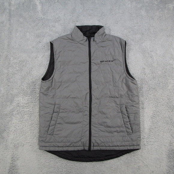 SpaceX Reversible Puffer Vest Mens XL Gray Black Full Zip Logo Insulated Vest